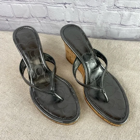 SALE!! EUC Coach Silver and cork wedge sandal - Picture 1 of 6